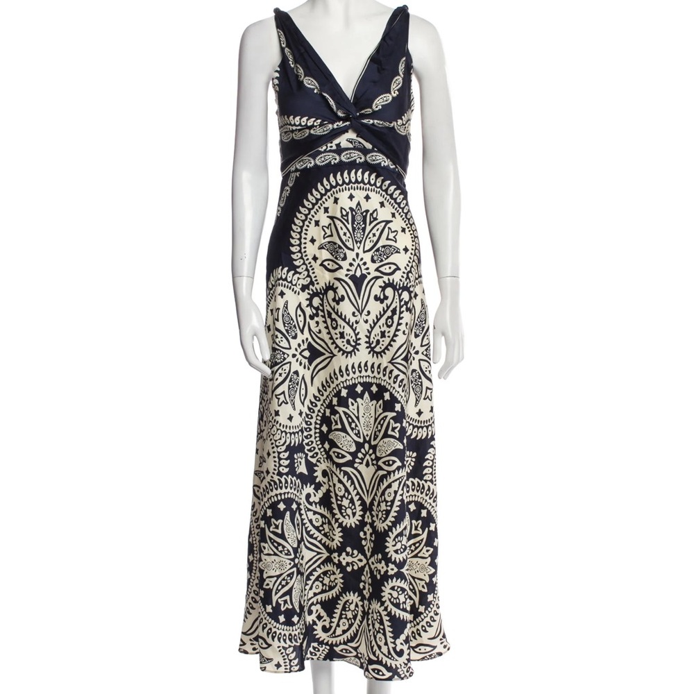 Caroline Constas Navy and Cream Maxi Dress with Paisley Motif
